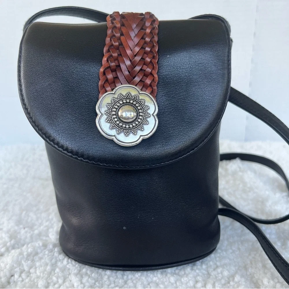 Brighton One World Women's Vintage Black Mini Leather Bucket Crossbody Bag